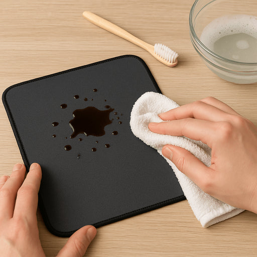 Close-up of hands cleaning a black mousepad stained with soya sauce using a white cloth, with a bowl of soapy water and a toothbrush on a wooden desk.